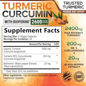 Turmeric Curcumin Supplement with BioPerine 95% Curcuminoids 2600mg with Black Pepper for Best Absorption, Bottled in USA, Best Natural Vegan Joint Support, Nature's Non-GMO Tumeric - 180 Capsules