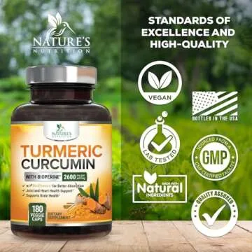 Turmeric Curcumin Supplement with BioPerine 95% Curcuminoids 2600mg with Black Pepper for Best Absorption, Bottled in USA, Best Natural Vegan Joint Support, Nature's Non-GMO Tumeric - 180 Capsules