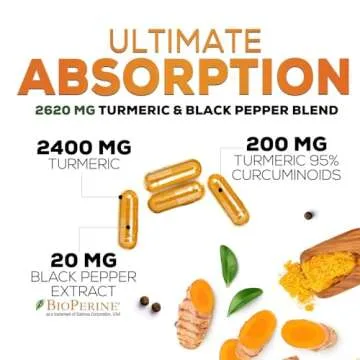 Turmeric Curcumin Supplement with BioPerine 95% Curcuminoids 2600mg with Black Pepper for Best Absorption, Bottled in USA, Best Natural Vegan Joint Support, Nature's Non-GMO Tumeric - 180 Capsules