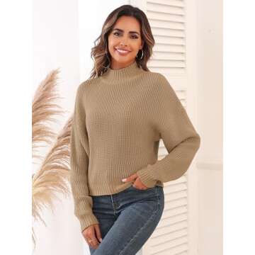 ZAFUL Women's Cropped Turtleneck Sweater Lantern Sleeve Ribbed Knit Pullover Sweater Jumper (1-Khaki...