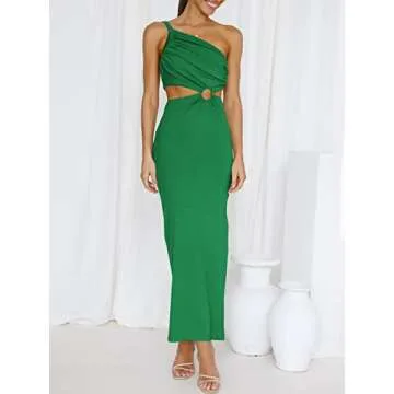 ANRABESS Women Summer One Shoulder Sleeveless Maxi Dress Cutout Sexy Bodycon Semi Formal Dinner Date Vacation Dresses Green X-Large