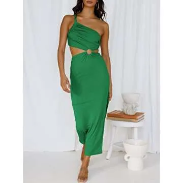 ANRABESS Women Summer One Shoulder Sleeveless Maxi Dress Cutout Sexy Bodycon Semi Formal Dinner Date Vacation Dresses Green X-Large