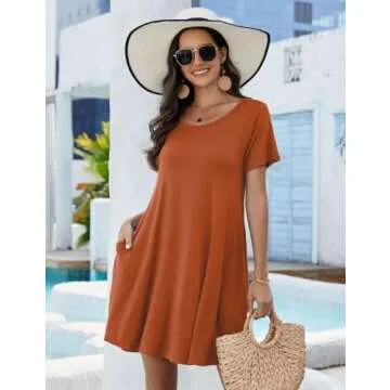 JollieLovin Women's Casual Swing Loose T-Shirt Dress Summer Short Sleeve Tunic Dresses with Pockets (Available in Plus Size) DarkOrange
