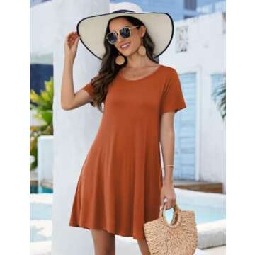 JollieLovin Women's Casual Swing Loose T-Shirt Dress Summer Short Sleeve Tunic Dresses with Pockets (Available in Plus Size) DarkOrange