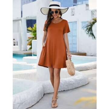 JollieLovin Women's Casual Swing Loose T-Shirt Dress Summer Short Sleeve Tunic Dresses with Pockets (Available in Plus Size) DarkOrange