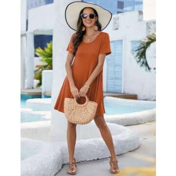 JollieLovin Women's Casual Swing Loose T-Shirt Dress Summer Short Sleeve Tunic Dresses with Pockets (Available in Plus Size) DarkOrange