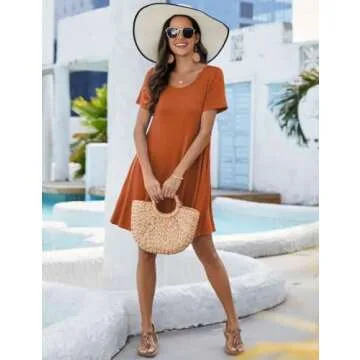 JollieLovin Women's Casual Swing Loose T-Shirt Dress Summer Short Sleeve Tunic Dresses with Pockets (Available in Plus Size) DarkOrange