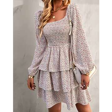 BTFBM Women Square Neck Smocked Dresses 2025 Summer Fall Long Sleeve Floral Swiss Dot Mini Boho Wedding Guest Dress(Floral White Red, X-Large)