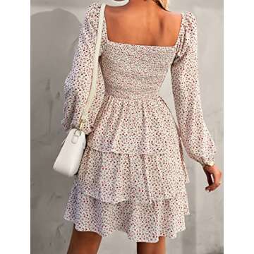 BTFBM Women Square Neck Smocked Dresses 2025 Summer Fall Long Sleeve Floral Swiss Dot Mini Boho Wedding Guest Dress(Floral White Red, X-Large)