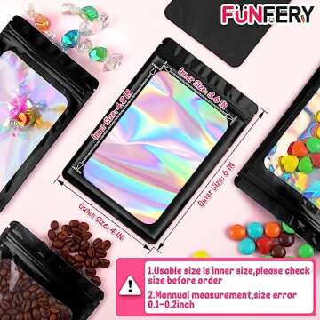 Funfery Resealable Holographic Bags - 100 Pack, Smell Proof Mylar Bags (4x6in)