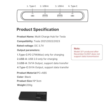 VIJIM Tesla USB Charger Hub with LED Light for Model 3/Y