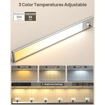 Under Cabinet Lighting with Remote Control,2500mAh USB Rechargeable Motion Sensor Light Indoor,350 Lumen LED Closet Lights,3 Color Temps Wireless Under Counter Lights for Kitchen,Pantry, Stair, 4 Pack