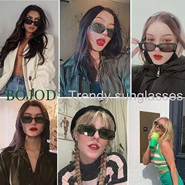 BOJOD Trendy Rectangle Sunglasses For Women Men Retro 90s Oval Y2K retangular sunglasses Square Black Shades black+green