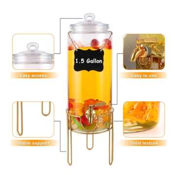 1.5 Gallon Drink dispenser, Glass Beverage Dispenser With Stand, Drink Dispensers for Parties With Stainless Steel Spigot + Marker & Chalkboard 100% Leakproof. Perfect For Parties And Daily Use