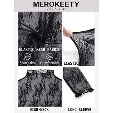 MEROKEETY Womens 2025 Mesh Sheer Long Sleeve Layering Top Sexy Y2k Mock Neck Floral Lace See Through Shirt Blouses Black Medium