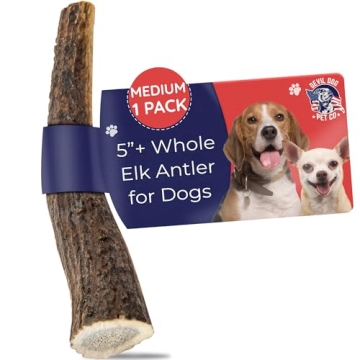Devil Dog Pet Co. Elk Antlers for Dogs, 1 Pack, Medium 5”+, Grade A Long Lasting Dog Bones for Agg...