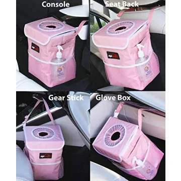 EPAuto Waterproof Car Trash Can with Lid and Storage Pockets, Pink