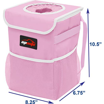 EPAuto Waterproof Car Trash Can with Lid and Storage Pockets, Pink