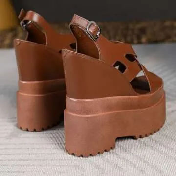 Loonglue Summer New Retro Super High Wedges Heels Platform Peep Toe Cross-tied Buckle Strap Genuine ...