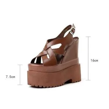Loonglue Summer New Retro Super High Wedges Heels Platform Peep Toe Cross-tied Buckle Strap Genuine Leather Women Gladiator Sandals 240306