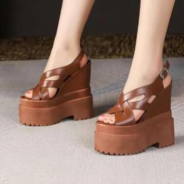 Loonglue Summer New Retro Super High Wedges Heels Platform Peep Toe Cross-tied Buckle Strap Genuine Leather Women Gladiator Sandals 240306