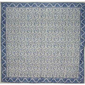 India Arts Hand Block Printed Floral Square Cotton Tablecloth 72" x 72" Blue