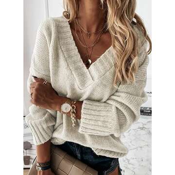 EVALESS Womens Cute Long Sleeve Oversized Sweaters Winter Deep V Neck Knitted Sweater Tops Cozy Loos...