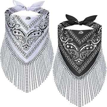 2 Pcs Disco Fringed Bandana Last Disco Party Paisley Bandanas Rhinestone Fringe Bandanas for Women G...