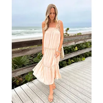BTFBM Women 2024 Summer Maxi Dresses Sleeveless Spaghetti Strap Casual Sundress Tiered Ruffle Boho Cami Beach Long Dress(Solid Apricot, X-Large)