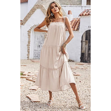 BTFBM Women 2024 Summer Maxi Dresses Sleeveless Spaghetti Strap Casual Sundress Tiered Ruffle Boho Cami Beach Long Dress(Solid Apricot, X-Large)