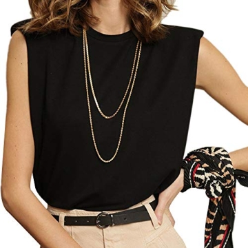 Stylish Women Padded Shoulder T-Shirts Tank Tops Sleeveless Black Tee