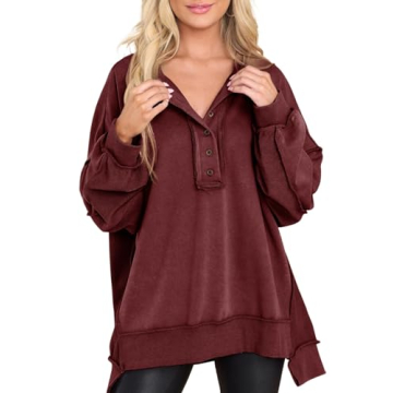 AlvaQ Womens Sweatshirt Hoodies Winter Long Sleeve Button Henley Neck Pullovers Casual Split Ribbed ...