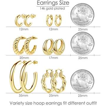 Adoyi Gold Hoop Earrings, Gold Hoops Earrings Set Small Chunky Huggie Hoop Earrings for Women 14K Gold Plated Lightweight Jewelry Birthday Christmas Gifts for Her 9 Pairs