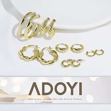 Adoyi Gold Hoop Earrings, Gold Hoops Earrings Set Small Chunky Huggie Hoop Earrings for Women 14K Gold Plated Lightweight Jewelry Birthday Christmas Gifts for Her 9 Pairs
