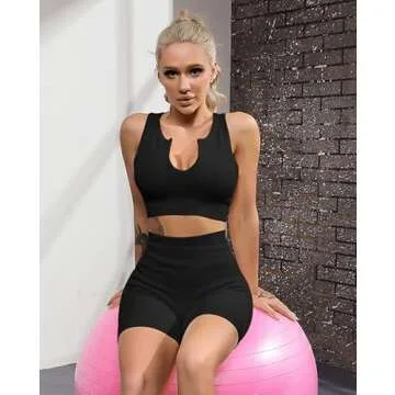 QINSEN Yoga Outfits for Women 2 Piece Set,Sexy Notch Neck Stretchy Sport Bra Booty Short Leggings Black S