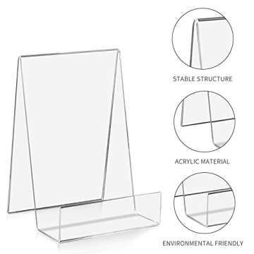 ZOEY Acrylic Book Stand with Ledge Clear Display Easels Plate - 5 Pack Large Book Holder Easel Stand for Books Display, Music Sheets, Artworks, CD, Tablet Holder (Large)