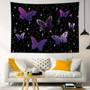 HVEST Butterfly Tapestry for Wall Decor,Fantasy Purple Butterflies Tapestries,Black Night Sky Wall H...