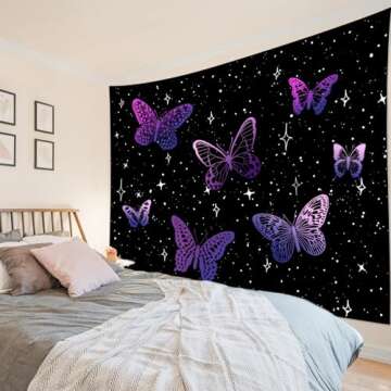 HVEST Butterfly Tapestry for Wall Decor,Fantasy Purple Butterflies Tapestries,Black Night Sky Wall Hanging Blanket for Bedroom Living Room Dorm Party Decorations 60x40 Inches