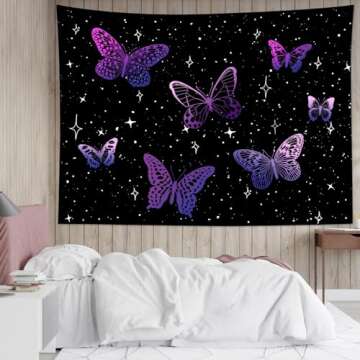 HVEST Butterfly Tapestry for Wall Decor,Fantasy Purple Butterflies Tapestries,Black Night Sky Wall Hanging Blanket for Bedroom Living Room Dorm Party Decorations 60x40 Inches
