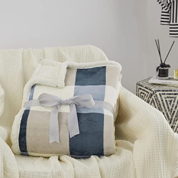 PU MEI Sherpa Fleece Throw Blanket 60" x 80" Reversible Plush Fluffy Large Big Blanket Lattice Flannel Blankets for Sofa Couch Bed (Grey-Soft Blue, 60"*80")