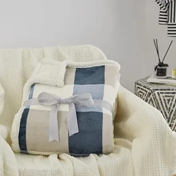 PU MEI Sherpa Fleece Throw Blanket 60" x 80" Reversible Plush Fluffy Large Big Blanket Lattice Flannel Blankets for Sofa Couch Bed (Grey-Soft Blue, 60"*80")