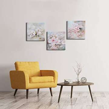 DekHome 3 Pieces Cherry Blossoms in Spring Picture Prints Elegant Pink Flowers Wall Art Abstract Floral Paintings on Canvas for Bedroom Dining Room Ready to Hang 12"x12"x3pcs