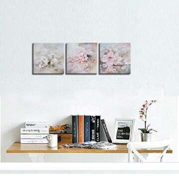 DekHome 3 Pieces Cherry Blossoms in Spring Picture Prints Elegant Pink Flowers Wall Art Abstract Floral Paintings on Canvas for Bedroom Dining Room Ready to Hang 12"x12"x3pcs