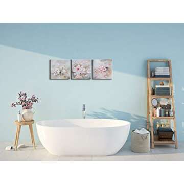 DekHome 3 Pieces Cherry Blossoms in Spring Picture Prints Elegant Pink Flowers Wall Art Abstract Floral Paintings on Canvas for Bedroom Dining Room Ready to Hang 12"x12"x3pcs