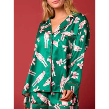 Alyweatry Women Christmas 2 Piece Pajama Set Cute Print Long Sleeve Button Down Shirt Elastic Shorts...