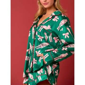 Alyweatry Women Christmas 2 Piece Pajama Set Cute Print Long Sleeve Button Down Shirt Elastic Shorts Holiday Sleepwear (Pink Nutcracker in Green, S)