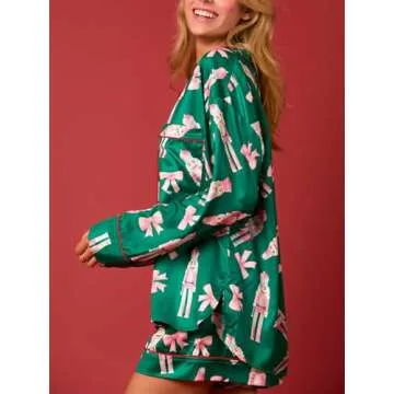 Alyweatry Women Christmas 2 Piece Pajama Set Cute Print Long Sleeve Button Down Shirt Elastic Shorts Holiday Sleepwear (Pink Nutcracker in Green, S)