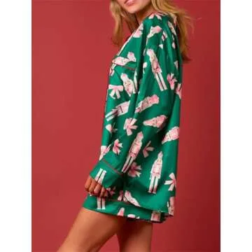 Alyweatry Women Christmas 2 Piece Pajama Set Cute Print Long Sleeve Button Down Shirt Elastic Shorts Holiday Sleepwear (Pink Nutcracker in Green, S)