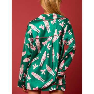 Alyweatry Women Christmas 2 Piece Pajama Set Cute Print Long Sleeve Button Down Shirt Elastic Shorts Holiday Sleepwear (Pink Nutcracker in Green, S)