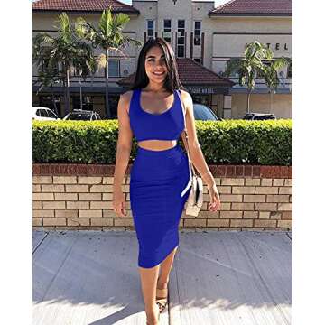 GOBLES Women's Sexy Summer Outfits Bodycon Tank Top Midi Skirt 2 Piece Dress Royal Blue